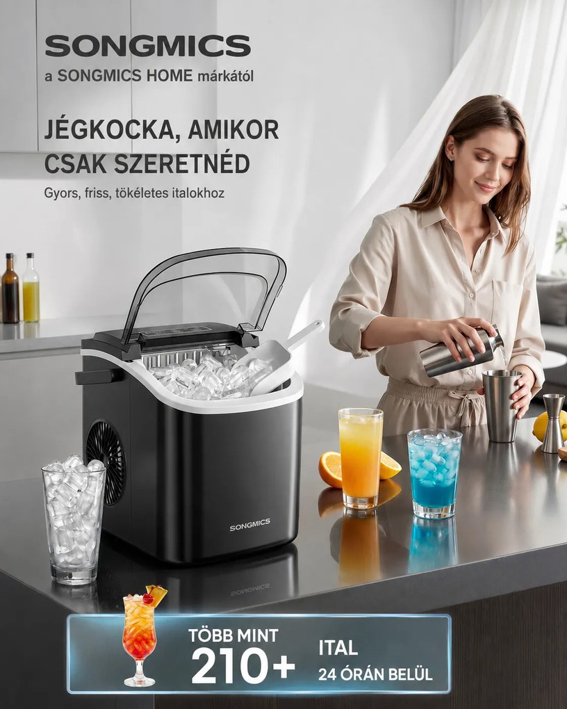 Jégkockakészítő Gép, 12 kg/24h, Öntisztító, Hordozható – Fekete