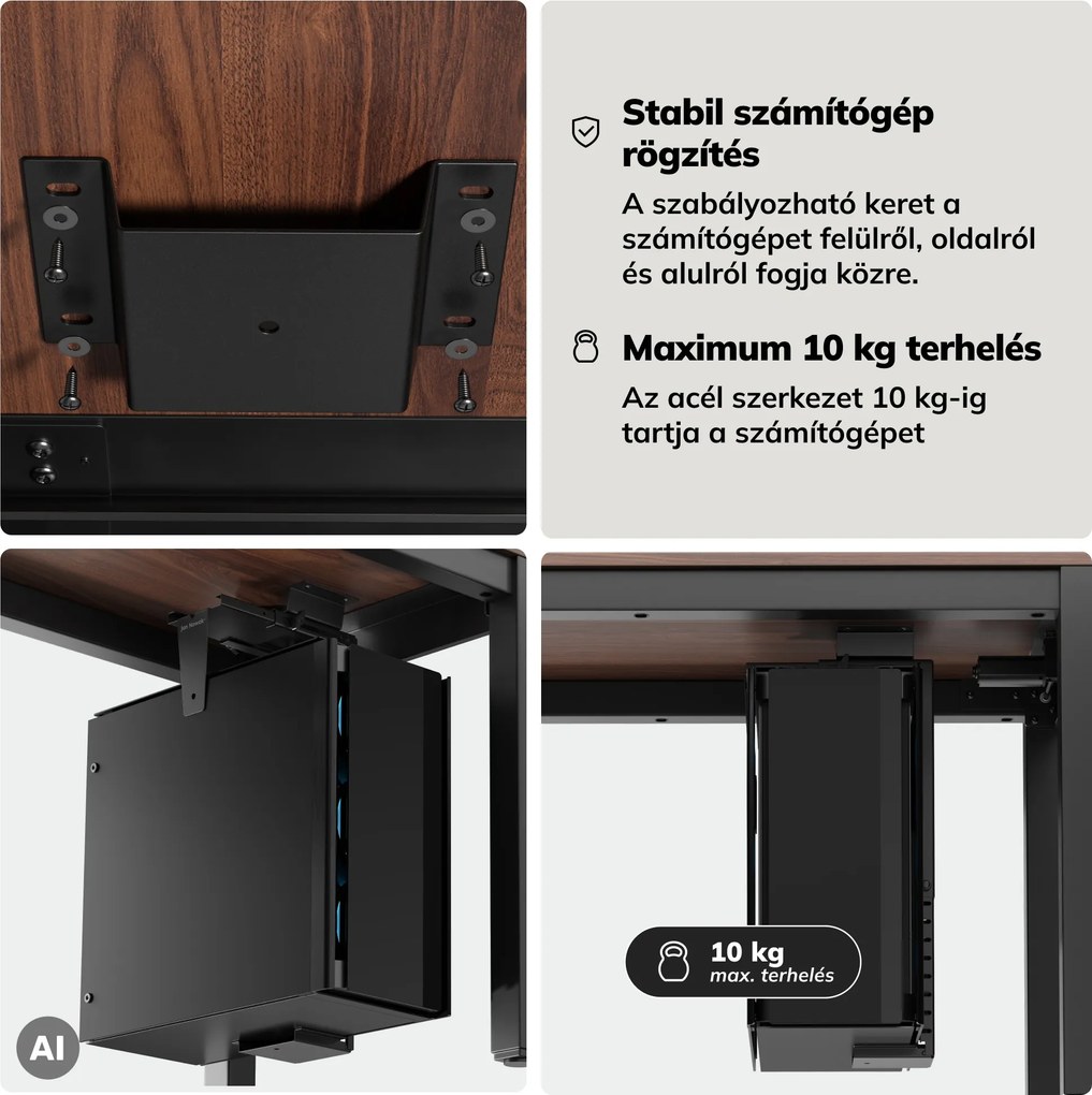 Számítógép tartó az íróasztal alá, állítható, fém, fekete: PC HOLDER