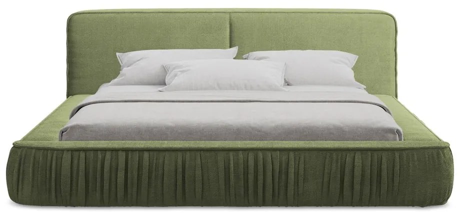 Zöld kárpitozott ágyneműtartós franciaágy ágyráccsal 180x200 cm Keoni – Makamii