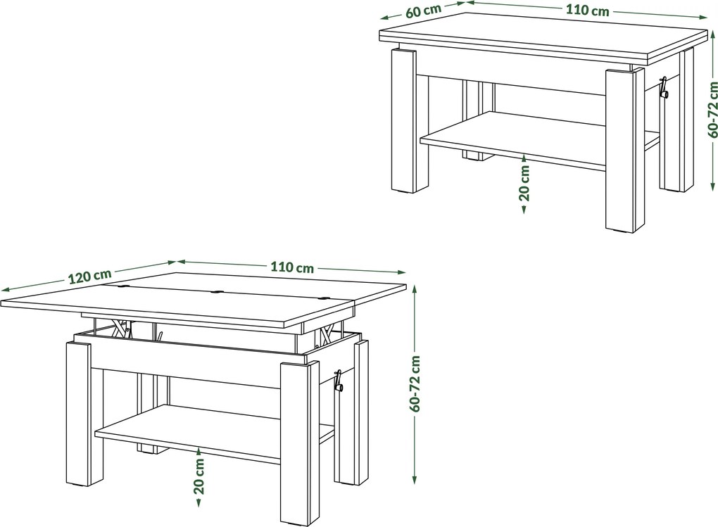 Mazzoni BRAWO Sonoma Tölgy - NYITHATÓ/MAGASÍTHATÓ DOHÁNYZÓASZTAL POLCCAL ÉTKEZŐASZTALKÉNT IS HASZNÁLHATÓ
