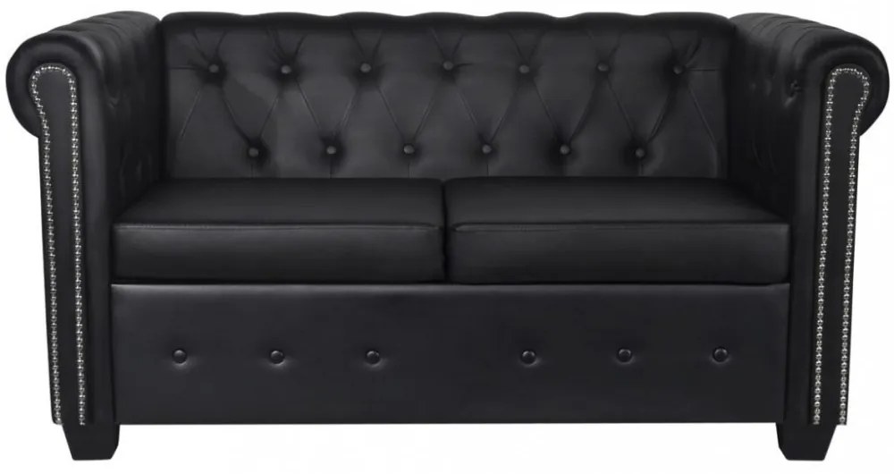 2 személyes fekete műbőr Chesterfield kanapé
