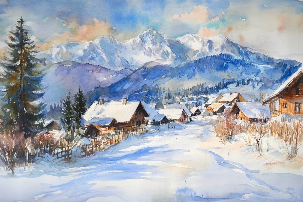 Vászonkép Canvas Tájkép Kilátás Hegyek Tátra Tél Hó Falu Házak 60x40