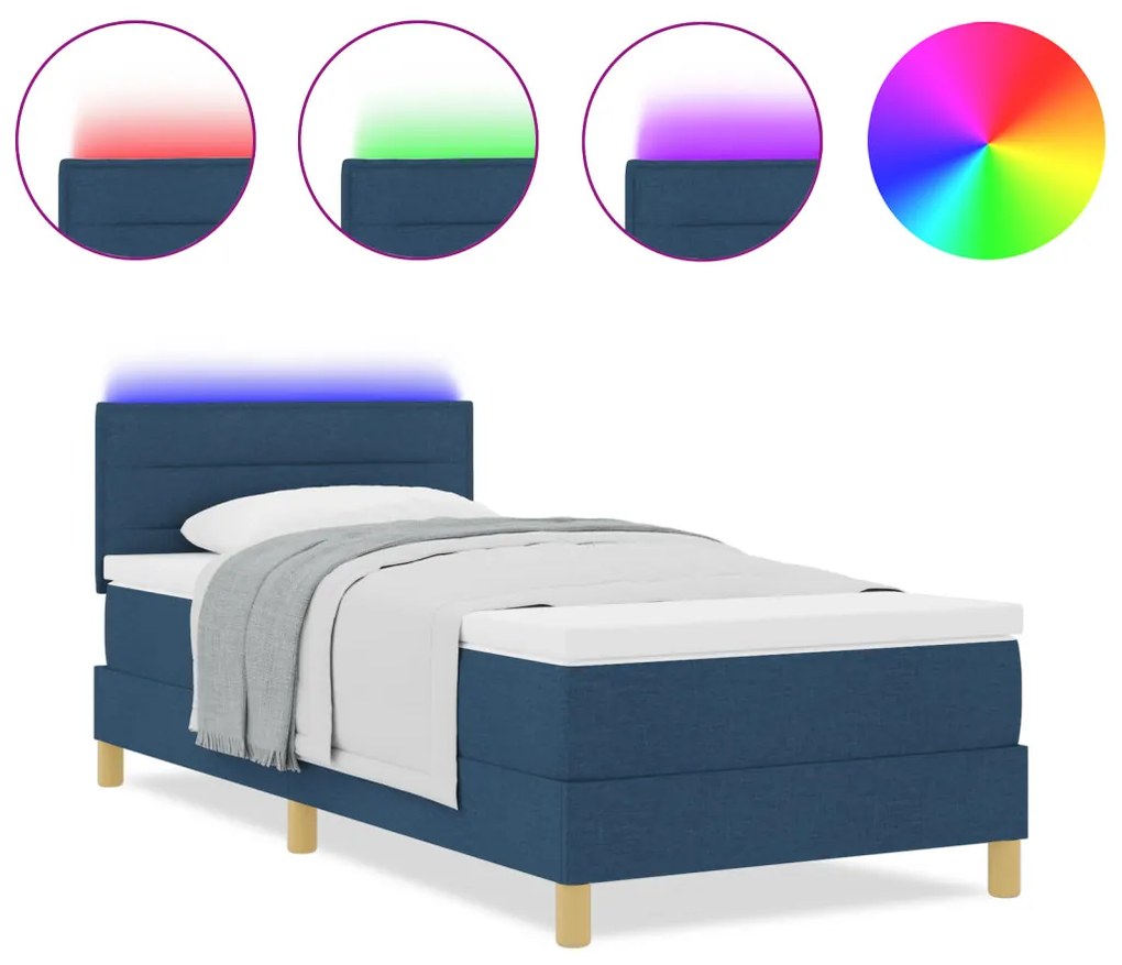 Box Spring Ágy Matrával & LED Kék 90x190 cm Szövet