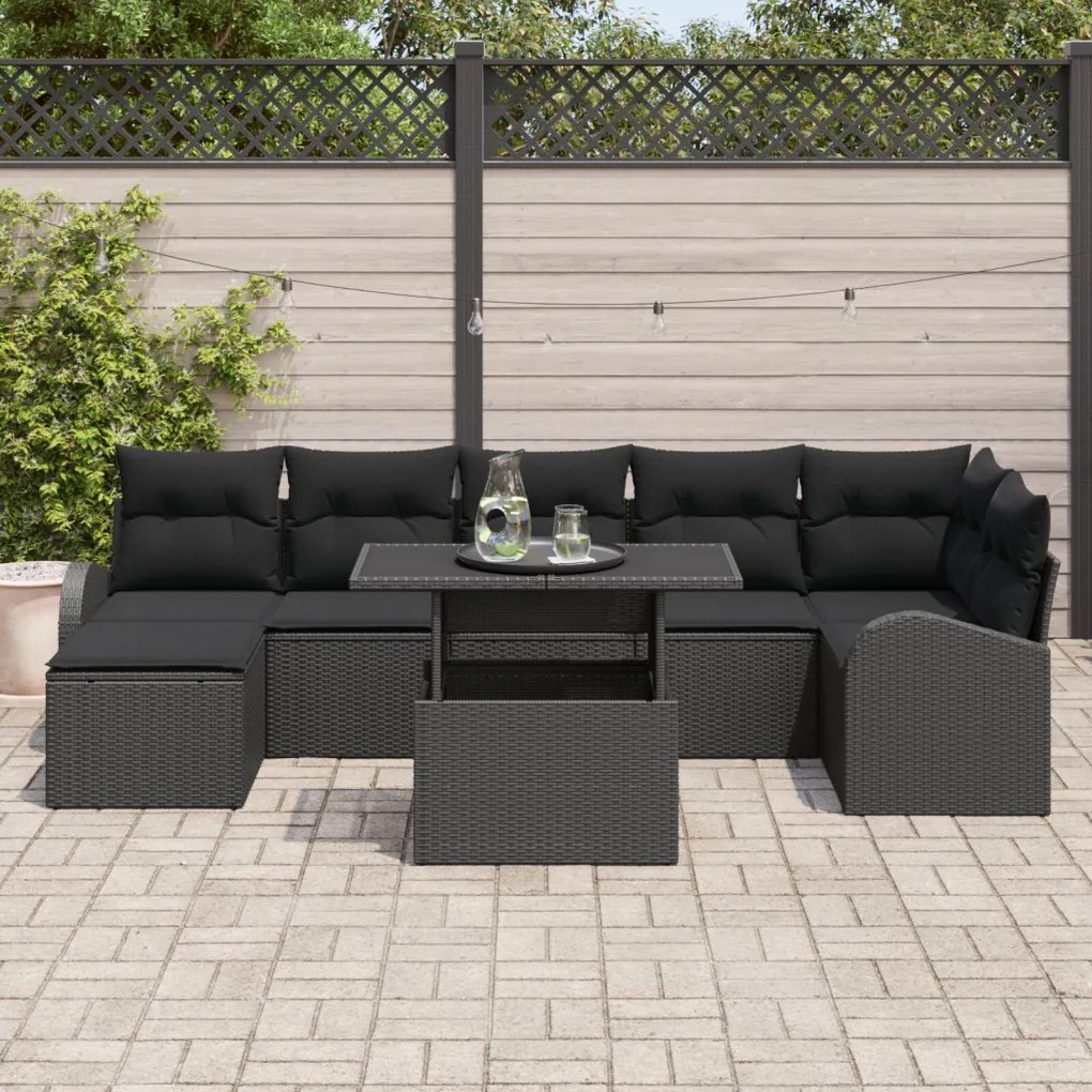 8 darabos kertiszófakészlet párnákkal Fekete Poly Rattan