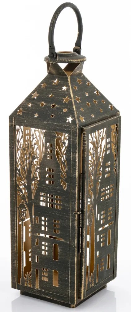 Óarany patinás fémkeretes mécsestartó lantern lámpás áttört fém házikó 58x16x16cm
