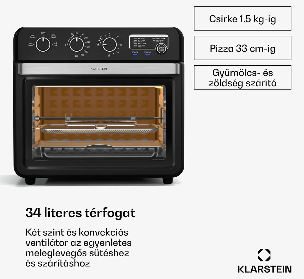 Klarstein Air Glaze forrólevegős sütő, 2000 W, 34 liter, panorámaablak, tartozékkészlettel együtt