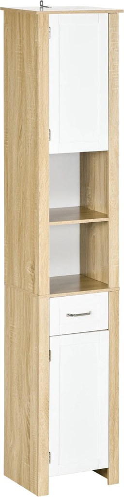 Kleankin Fürdőszobai Oszlop, Magas Chipboard Fürdőszobai Szekrény Fiókkal, 2 Szekrény és 2 Állítható Nyitott Polc, 37x30x184 cm, Fehér és Fa Szín | Ao