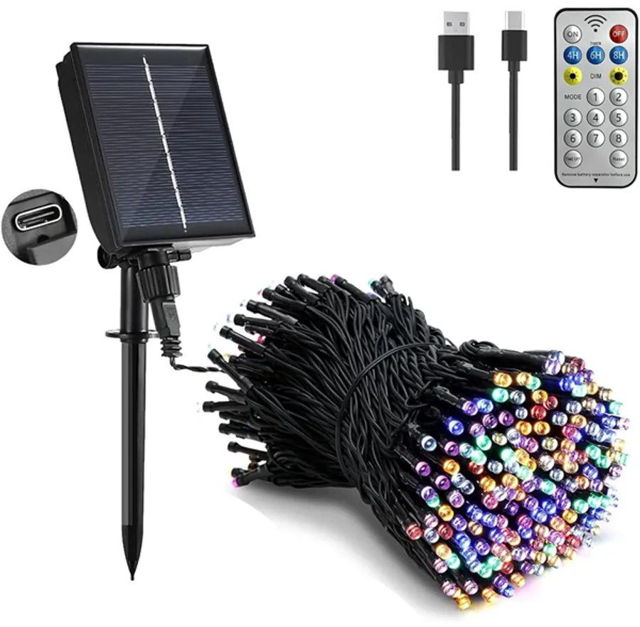 10,8 m-es 240 LED-es fényfüzér, hybrid tölthető-napelemes, RGB színes, 8 világítási mód, időzíthető, távvezérlős
