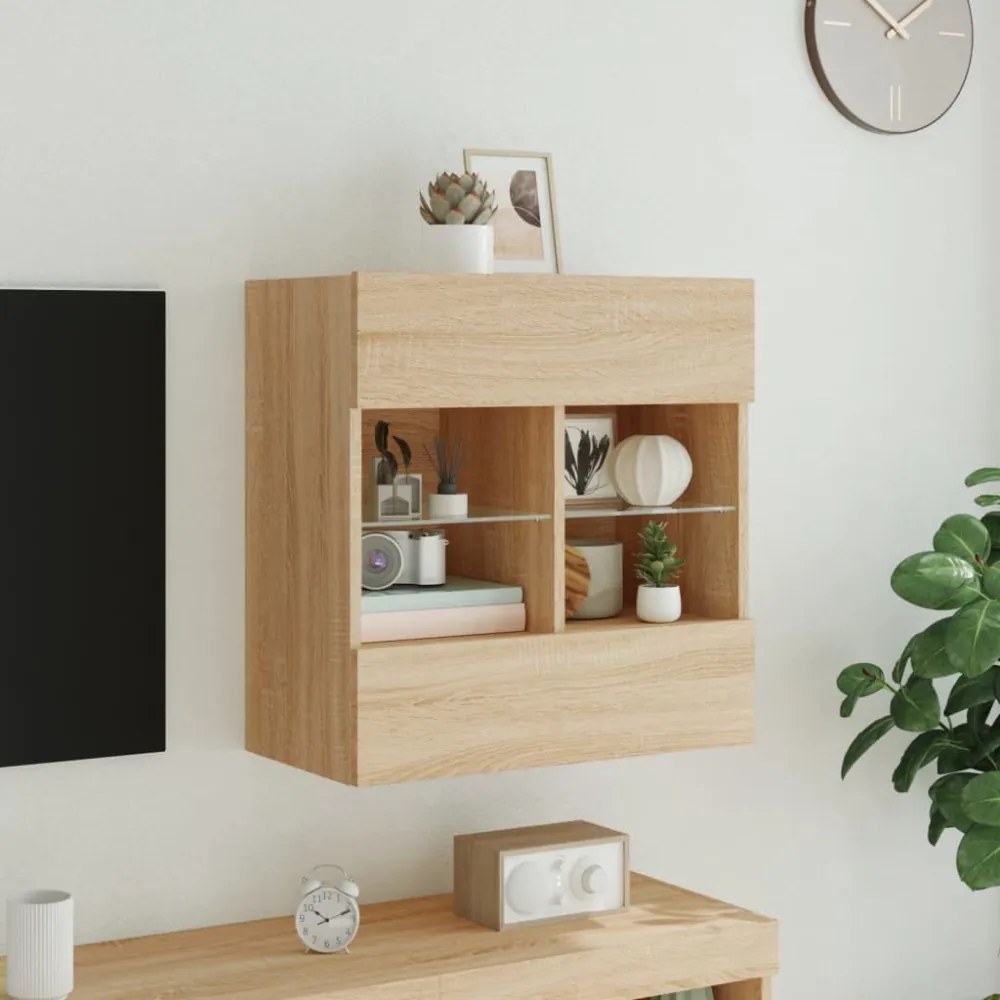sonoma tölgy színű fali TV-szekrény LED-del 58,5x30x60,5 cm
