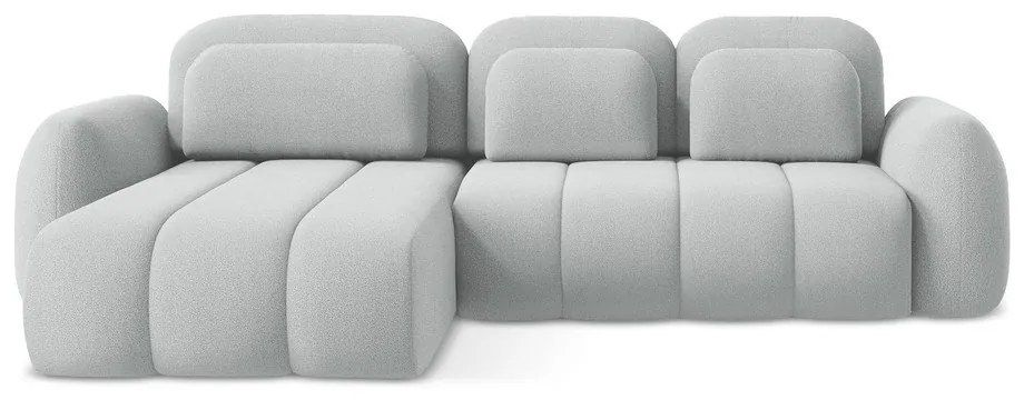 Világosszürke buklé kinyitható-tárolóhelyes sarokkanapé (bal oldali-heverő résszel) Pele – Makamii