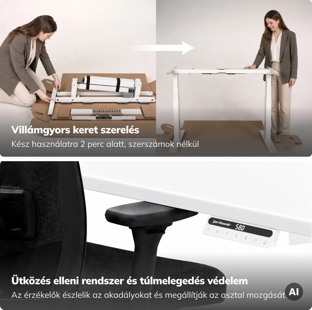 Elektromos, állítható magasságú, ergonomikus, fehér íróasztal,1200x600 mm: ARIA