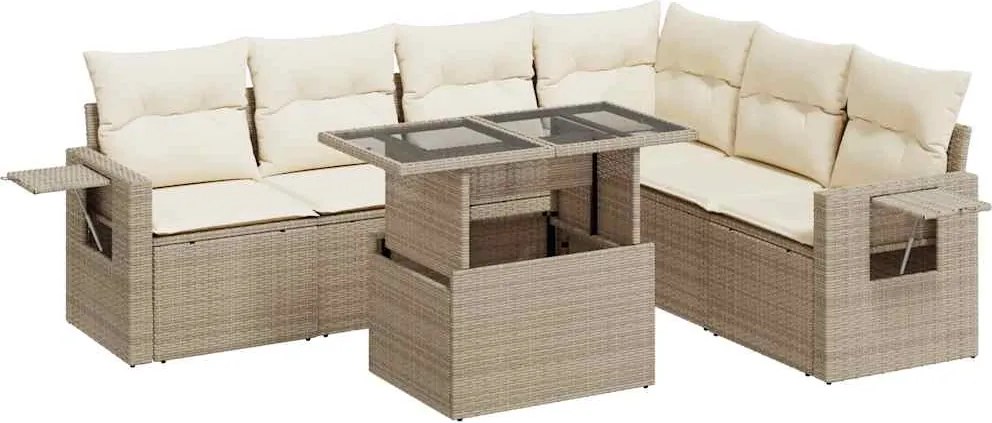 vidaXL 7 részes bézs polyrattan kerti ülőgarnitúra párnákkal