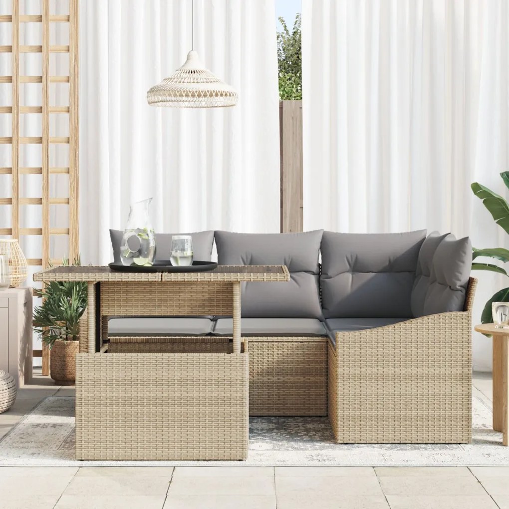 Kerti Sofaszett 5 db Bézs, Szürke Rattan, Poliészter