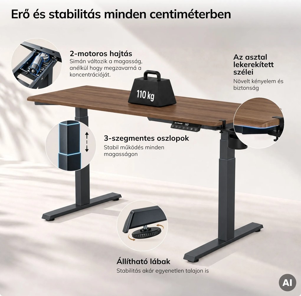 Elektromos íróasztal magasságállítással ergonomikus antracit/dió,1400x700 mm: ARIA