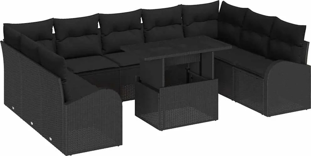 vidaXL Kerti Kanapé Szett párnával tárolóval 10 pcs Fekete Poli rattan