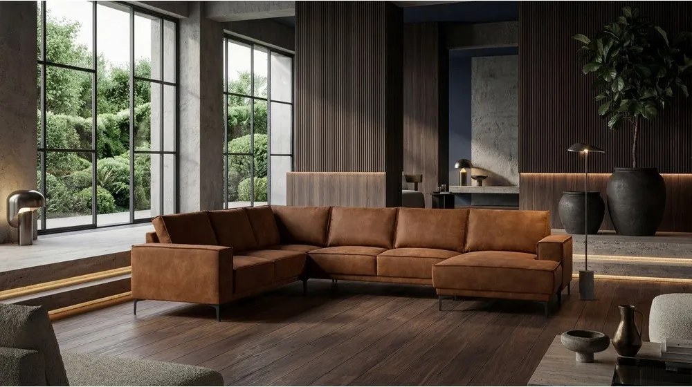 Konyakbarna bőrutánzat sarokkanapé (jobb oldali-"U" alakú) Copenhagen – Scandic