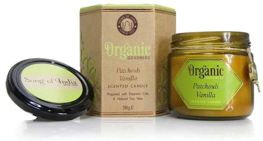 Organikus gyertya Patchouli Vanilla 200 gborostyánszínű üvegben