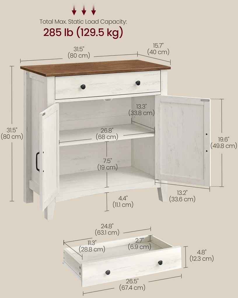 Tálalószekrény magasságban állítható polccal, 40 x 80 x 80 cm, fehér és mézbarna