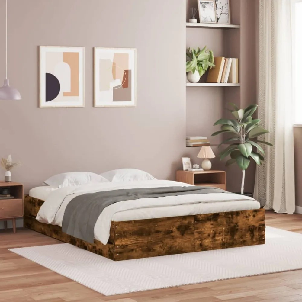 füstös tölgy színű szerelt fa ágykeret fiókokkal 150x200 cm