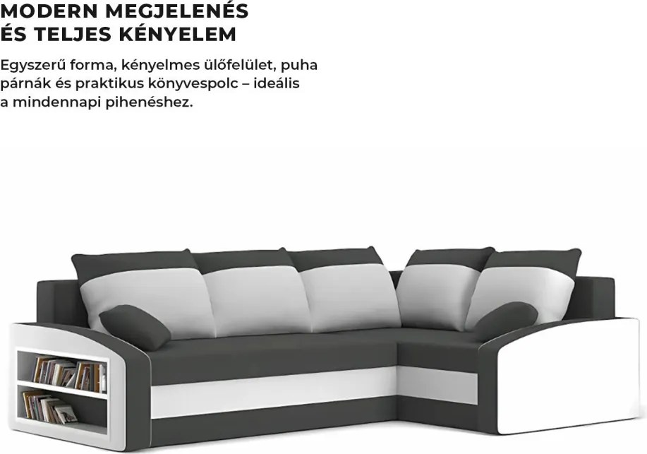 Grande sarokkanapé polcokkal , polc a bal karfaban, jobboldali, szövet anyag, bonell töltet, szürke - fehér