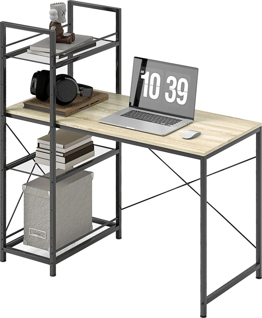 HOMCOM Ipari Forgatható Könyvespolc Íróasztal Acélváz Tanulóasztal Otthoni Irodához Hálószobához 110x53x115,5 cm Tölgy és Fekete | Aosom