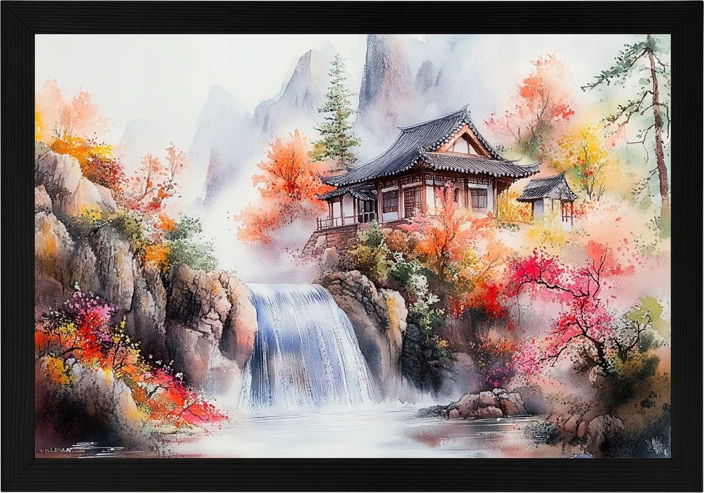 Poszter Keret Fa Tájkép Kelet Ázsia Japán Hegyek Vízesés Ház 60x40