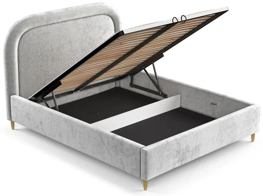 Világosszürke kárpitozott ágyneműtartós franciaágy ágyráccsal 140x200 cm Mija – Maison de Rêve