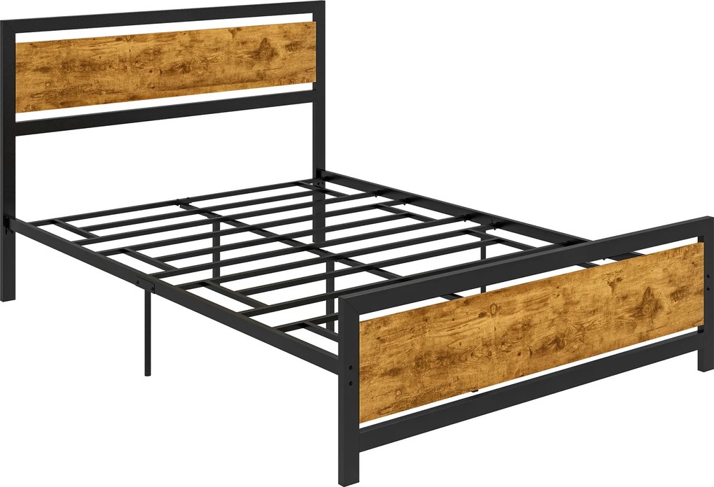 HOMCOM Egyszemélyes Ágykeret Fából és Acélból 147x208x103cm, Beépített Rácsokkal és Ipari Stílusú Fejtámlával, Fekete és Rusztikus Barna | Aosom