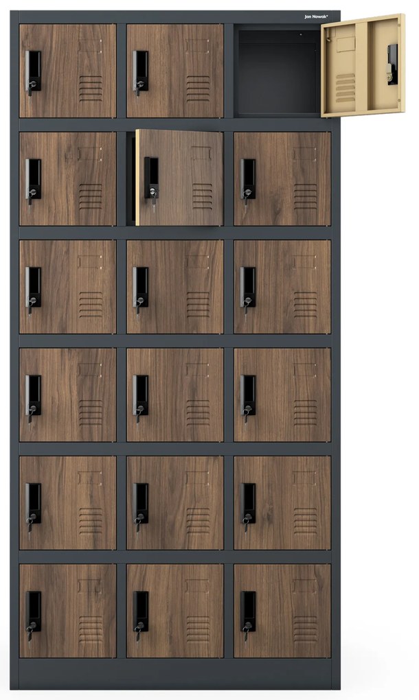 18 rekeszes személyzeti szekrény, antracit/dió, 900x1850x400 mm: KAROL Eco Design