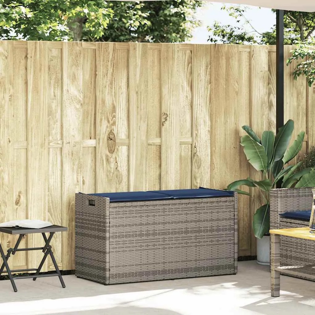 Szürke polyrattan kültéri tárolópad párnával 100 cm