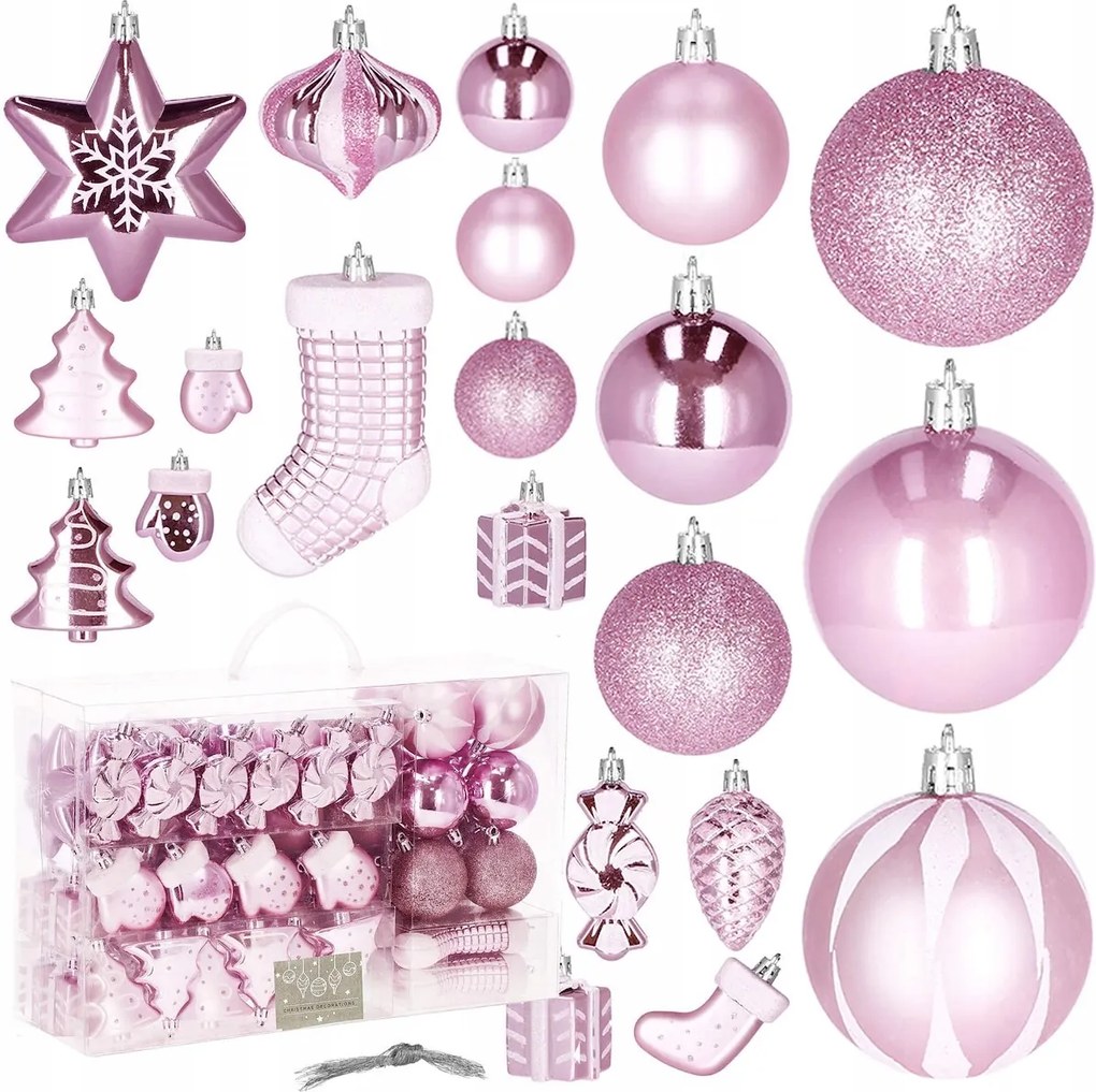 Karácsonyfa Dísz Készlet 77db Törésbiztos Rózsaszín Karácsonyfa Díszek Ünnepi Dekoráció