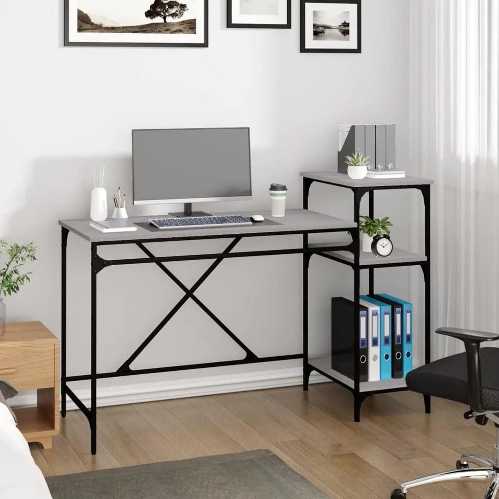 szürke sonoma fa és vas íróasztal polcokkal 135x50x90 cm