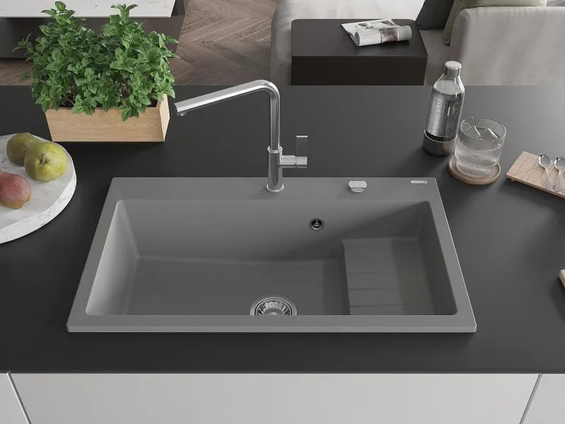 Mexen Omar gránit mosogató 1-medencés 800 x 480 mm, szürke, króm szifon - 6520801005-71