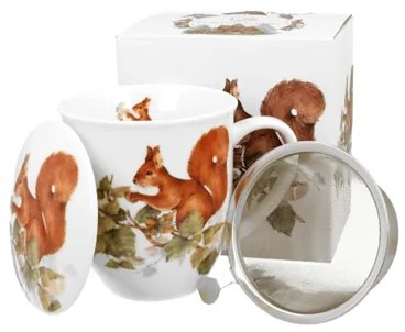Porcelán mókusos bögre tetővel fém szűrővel 400 ml dobozban Squirrel