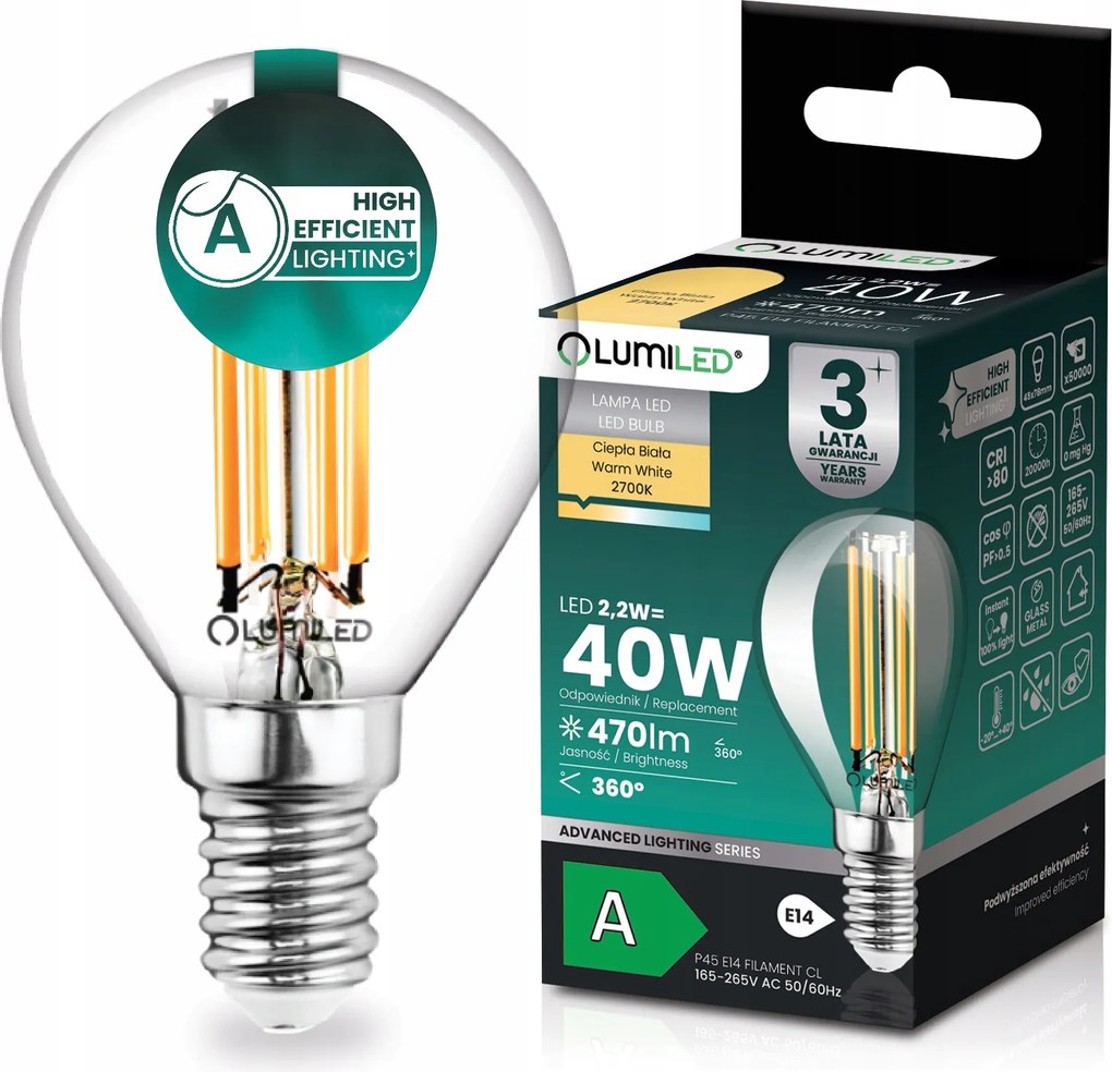 Led Izzó E14 Filament Class A 2,2W 470LM 40W 2700K 360° Golyó