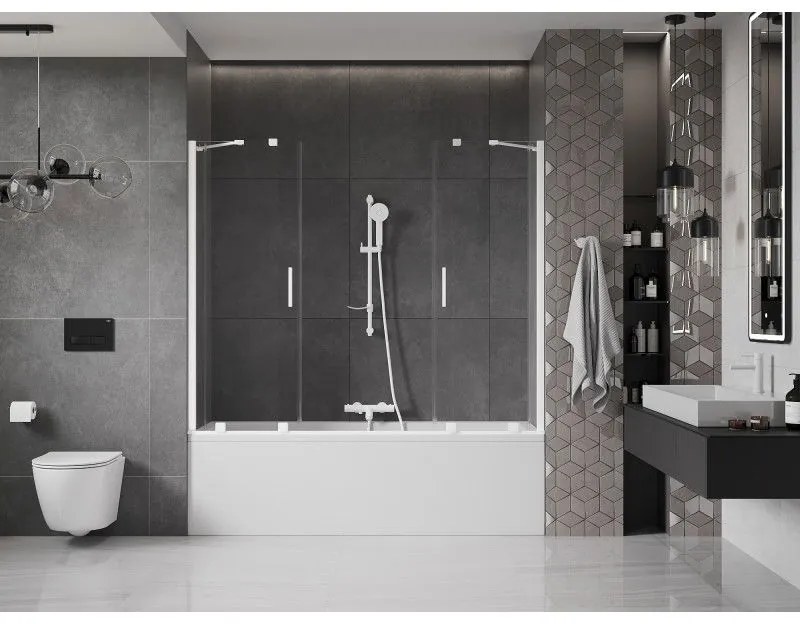 Mexen Velar Duo, 2 szárnyas eltolható kádparaván 200 x 150 cm, 8mm átlátszó üveg, fehér profil, 896-200-000-02-20