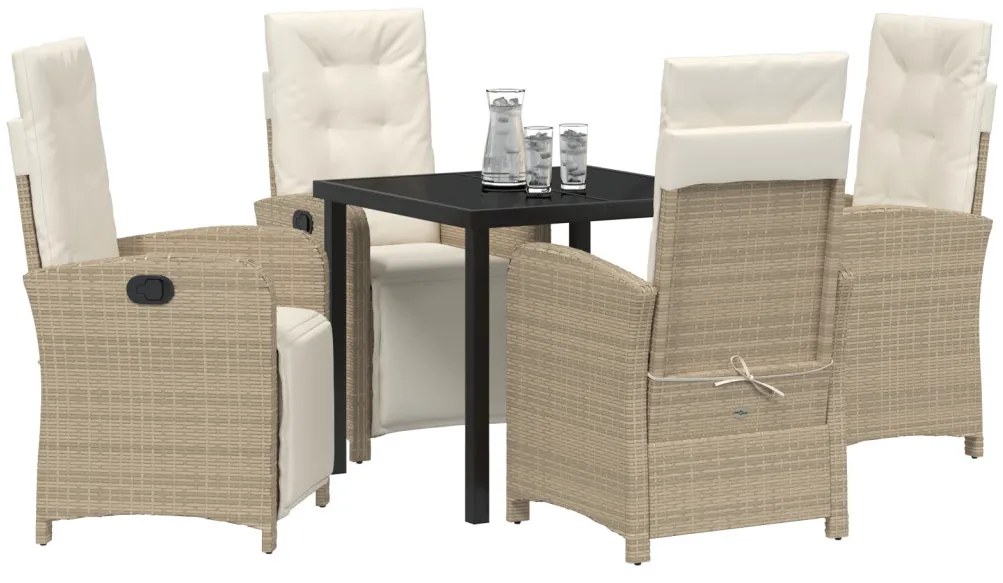 5 darabos Kert Étkező Szett Párnákkal Bézs Poli Rattan, Kerti Asztal Fekete 80x80x73 cm Edzett Üveg