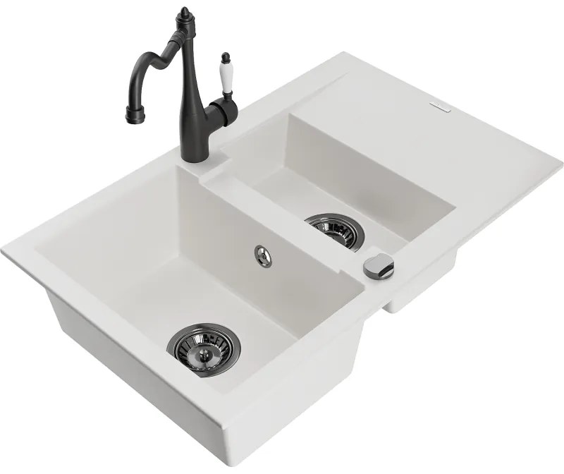Mexen Gaspar, gránit mosogató 752x436x161 mm, 1,5 kamrás és mosogató csaptelep Carla, fehér, 6507-20-670700-70