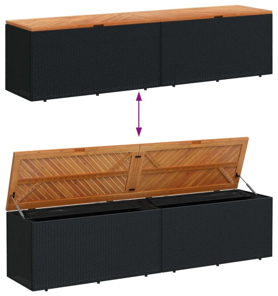 fekete polyrattan és akácfa kerti tárolóláda 220 x 50 x 54 cm