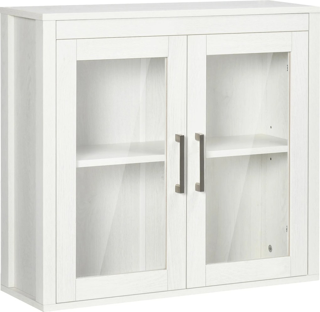 kleankin Fali Fürdőszobai Szekrény 2 Üvegajtóval és Állítható Polccal 60x19.5x54 cm Fehér | Aosom