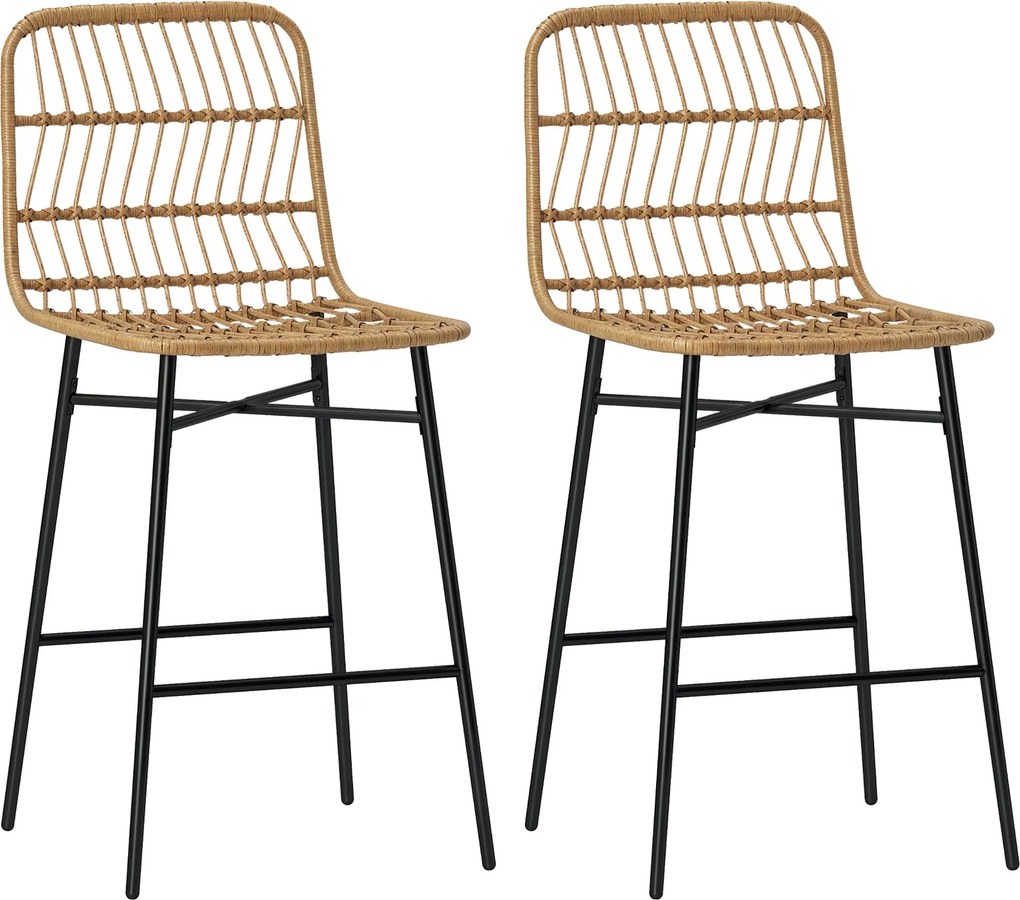 HOMCOM 2 db Magas Konyhai Pultszék Rattan Hátlappal és Üléssel, 120 kg Teherbírás, Modern Bar Székek Konyhai Étkezőbe, Barna | Aosom
