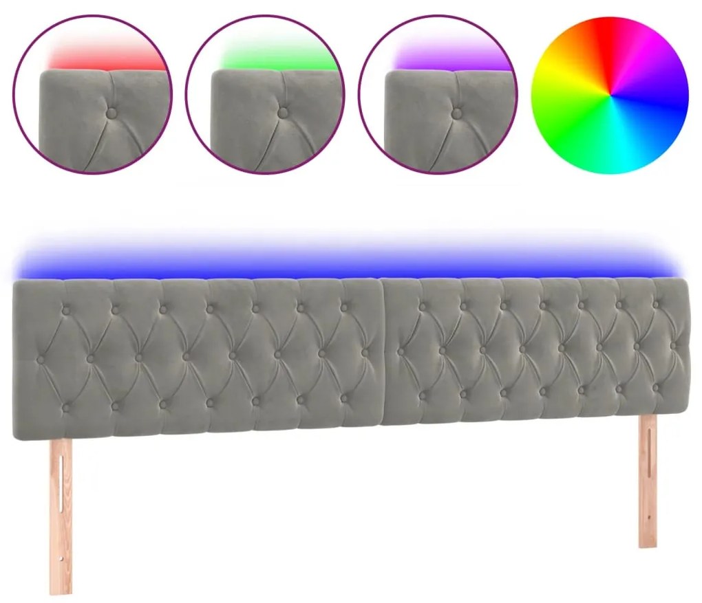 világosszürke bársony LED-es fejtámla 200 x 7 x 78/88 cm
