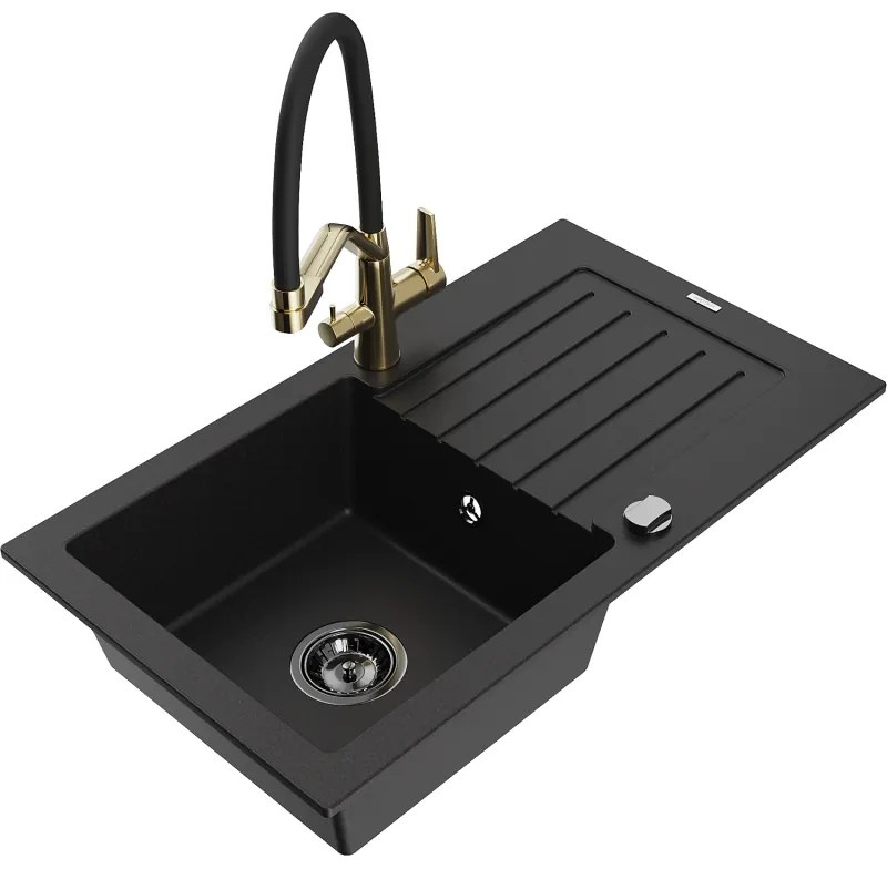 Mexen Pablo egykamrás gránit mosogató csepegtetővel és Duo konyhai csapteleppel, fekete - 6510-77-671701-57-B