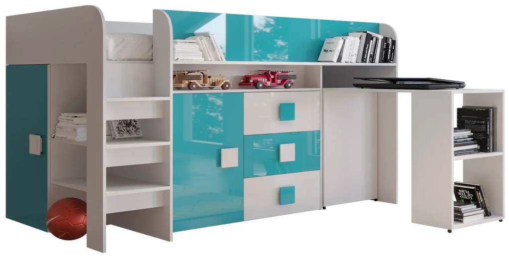 Kombinált gyerekágy 90 cm Toreno 1 (fehér + fényes fehér + fényes türkiz). 1083303