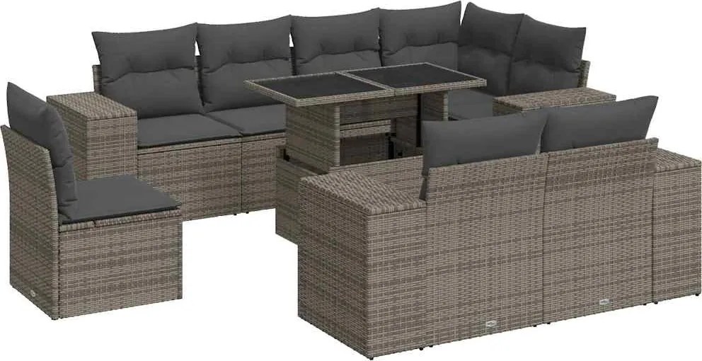 vidaXL 9 részes szürke polyrattan kerti ülőgarnitúra párnákkal