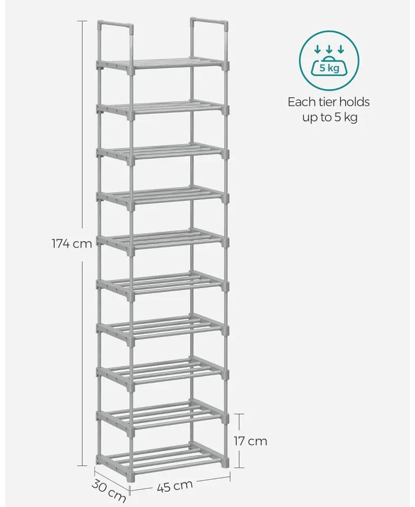 Cipőtartó polc 10 szintes fém vázzal, szürke 45x30x174cm