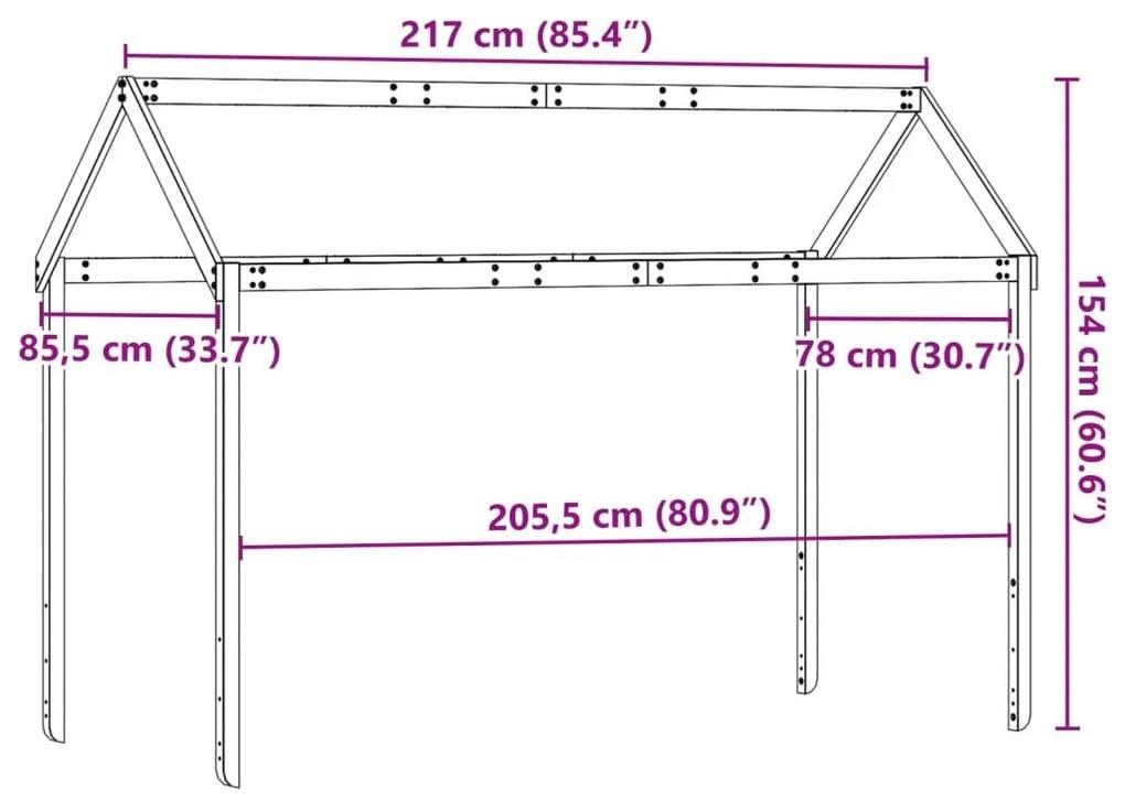fehér tömör fenyőfa gyerekágytető 217 x 85,5 x 154 cm