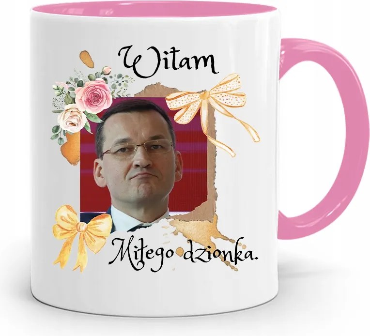 Rózsaszín Politikai Bögre Mateusz Morawiecki Miniszterelnök fényképes nyomtatással