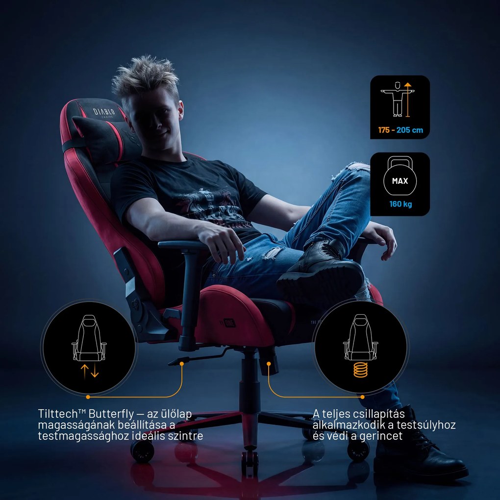 Gamer szék szövet King Size, fekete-piros: Diablo X-One 2.0 Bloody Mary