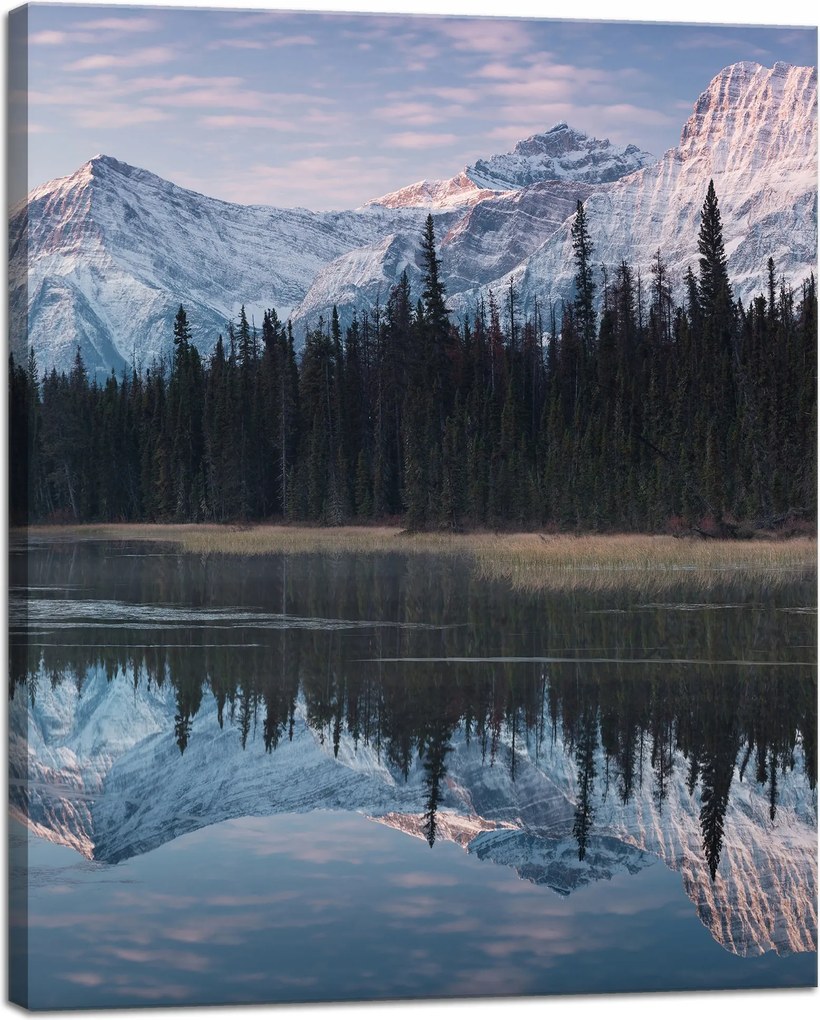 Vászonkép Tópart Víz Erdők Hó hegyek 40x50 cm